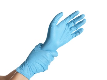 Photo of Doctor wearing medical gloves on white background