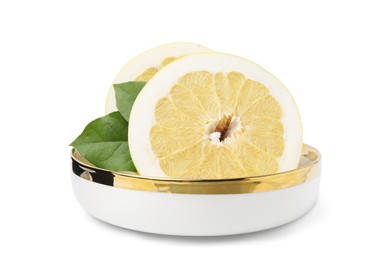 Photo of Halves of tasty pomelo fruits isolated on white