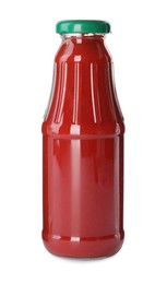 Photo of Glass bottle of ketchup isolated on white