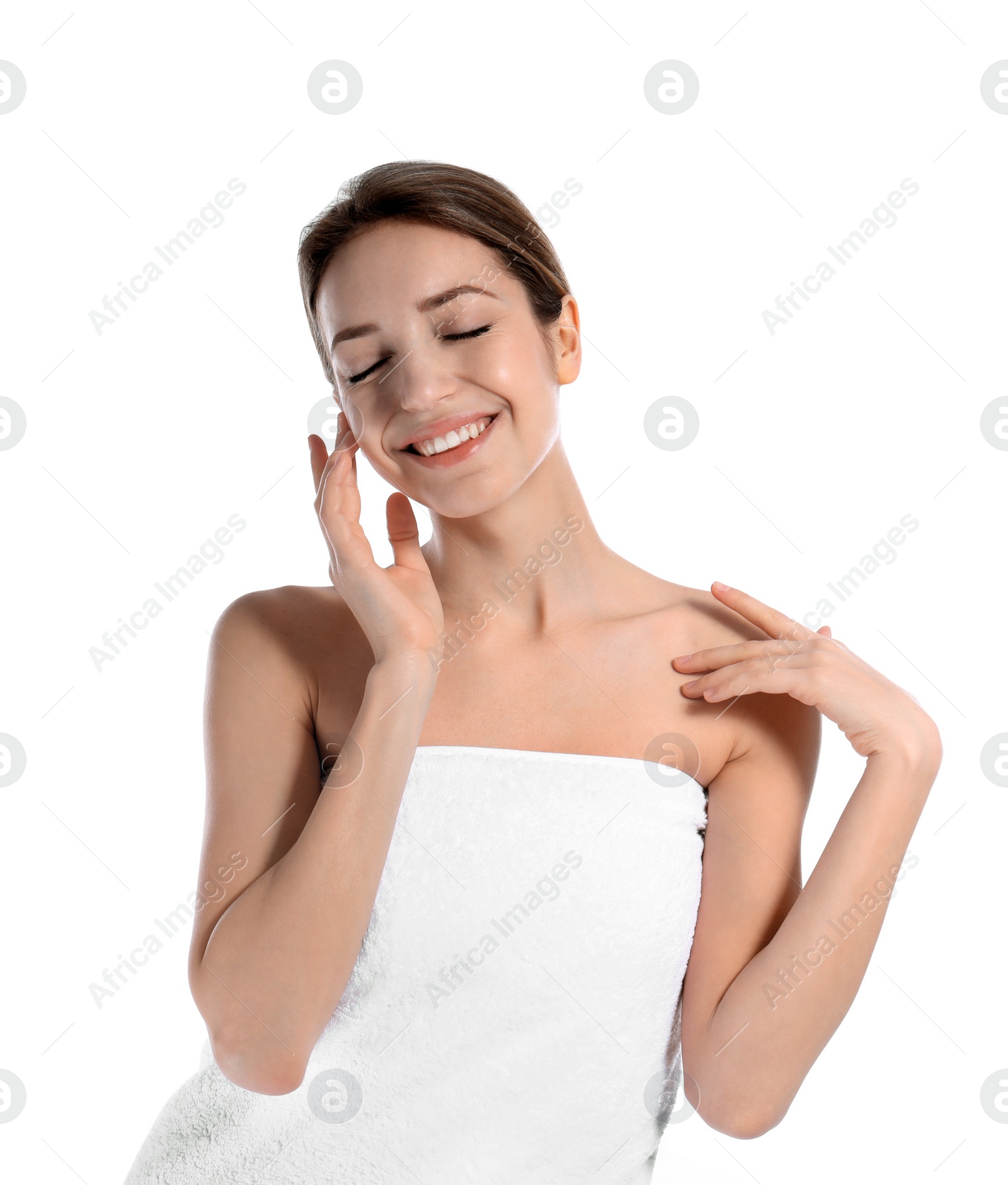 Photo of Portrait of young woman with perfect smooth skin on white background. Beauty and body care