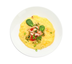 Photo of Plate with tasty shrimps and grits on white background, top view