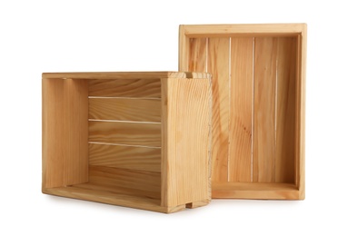 Photo of Wooden crates on white background. Shipping containers