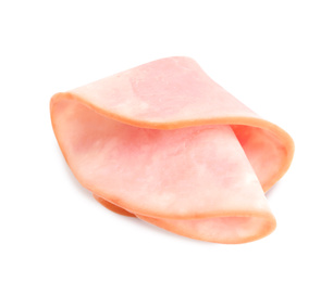 Photo of Slice of tasty fresh ham isolated on white, above view