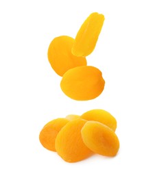 Image of Tasty dried apricots falling on white background
