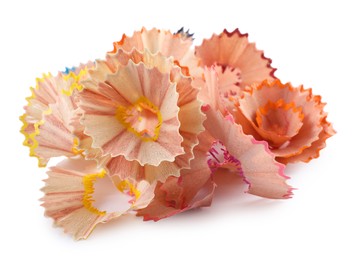 Photo of Heap of colorful pencil shavings on white background