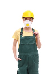 Photo of Female industrial worker in uniform on white background. Safety equipment