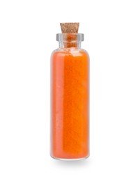 Photo of Glass bottle of orange food coloring isolated on white