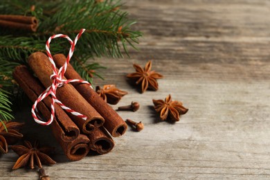 Photo of Different spices and fir branches on wooden table, space for text