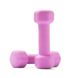 Photo of Violet dumbbells isolated on white. Sports equipment
