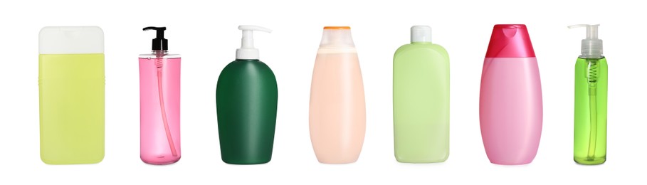 Set with different shower gels on white background. Banner design