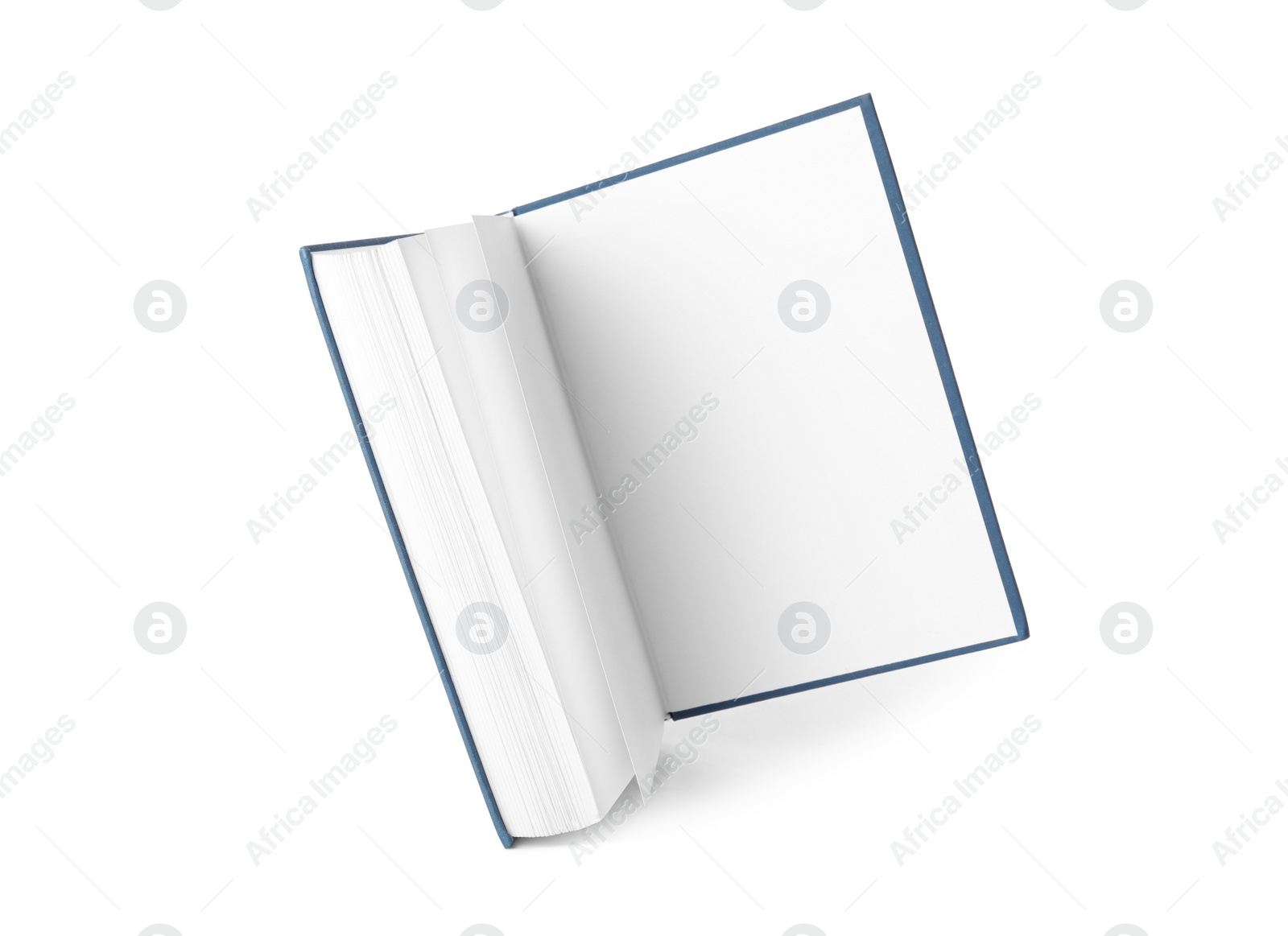 Photo of Open hardcover book with blank pages on white background