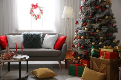 Image of Beautiful living room with Christmas decor. Festive interior