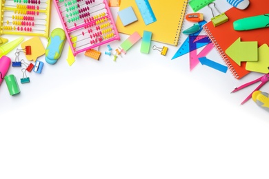 Photo of Composition with different school stationery on white background
