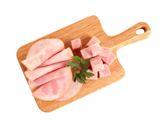 Photo of Slices of tasty fresh ham with parsley isolated on white, top view