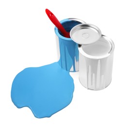 Photo of Spilled light blue paint, brush and cans on white background