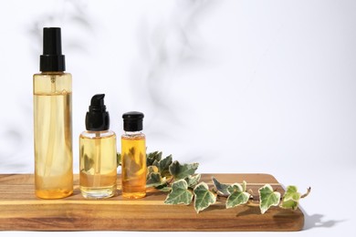 Photo of Bottles with cosmetic products and ivy leaves on white background. Space for text