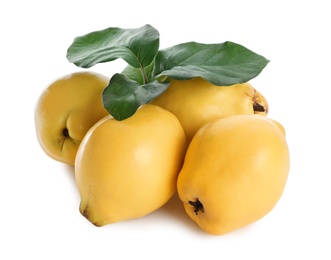 Photo of Ripe quinces with leaves on white background