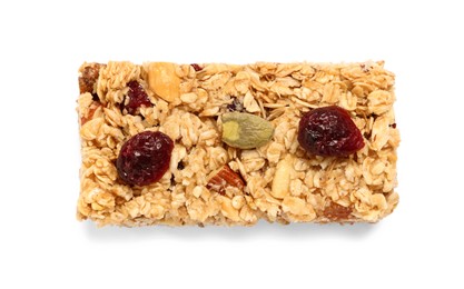 Photo of Tasty granola bar with berries isolated on white, top view