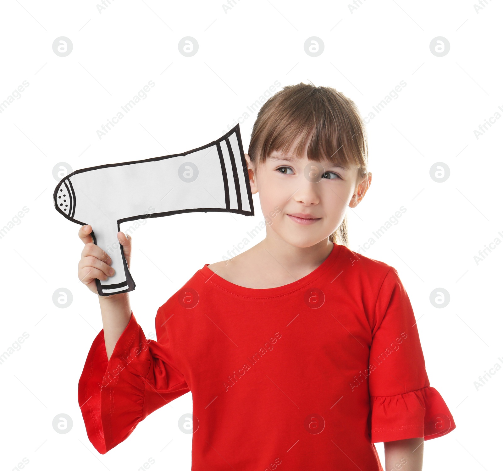Photo of Cute little girl with paper megaphone on white background