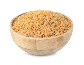 Photo of Raw bulgur in bowl isolated on white