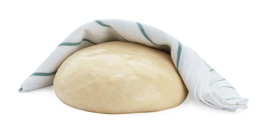 Photo of Fresh yeast dough and towel isolated on white