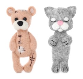 Image of Felted bear and cat isolated on white