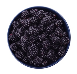Photo of Blue bowl of tasty ripe blackberries on white background, top view
