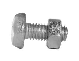 Photo of Metal bolt with hex nut isolated on white