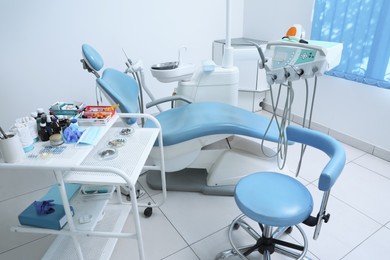 Photo of Dentist's office interior with chair and modern equipment