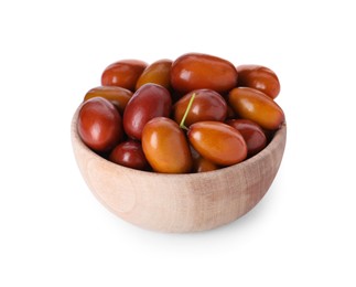 Photo of Ripe red dates in wooden bowl on white background