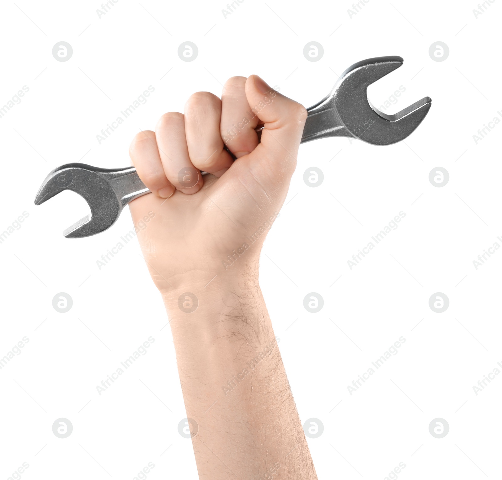 Photo of Man holding wrench isolated on white, closeup. Plumbing tools