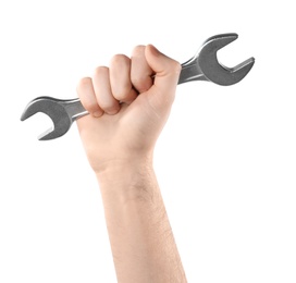 Photo of Man holding wrench isolated on white, closeup. Plumbing tools