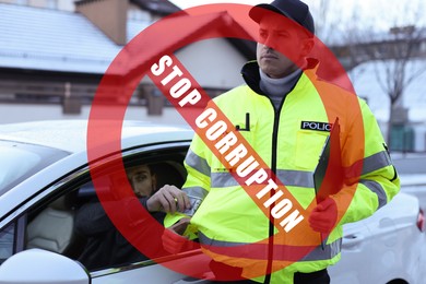 Image of Stop corruption. Illustration of red prohibition sign and man putting bribe into police officer's pocket