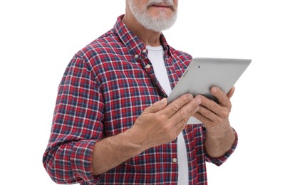 Photo of Man with tablet on white background, closeup