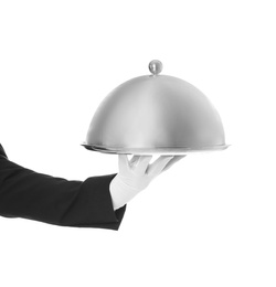 Photo of Waiter holding metal tray with lid on white background, closeup