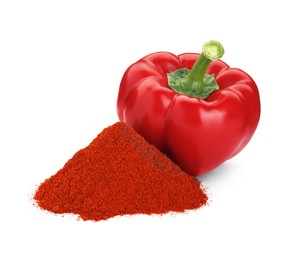 Photo of Heap of aromatic paprika powder and fresh bell pepper isolated on white