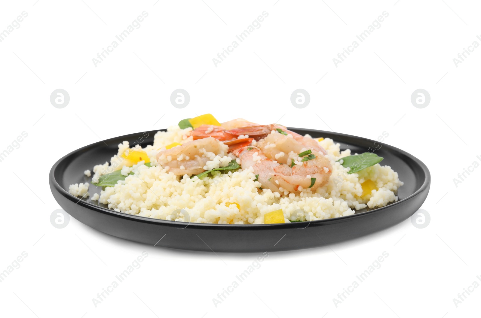 Photo of Plate of tasty couscous with shrimps, bell pepper and basil on white background