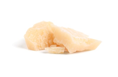 Pieces of delicious parmesan cheese on white background