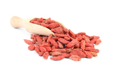 Wooden scoop with dried goji berries on white background