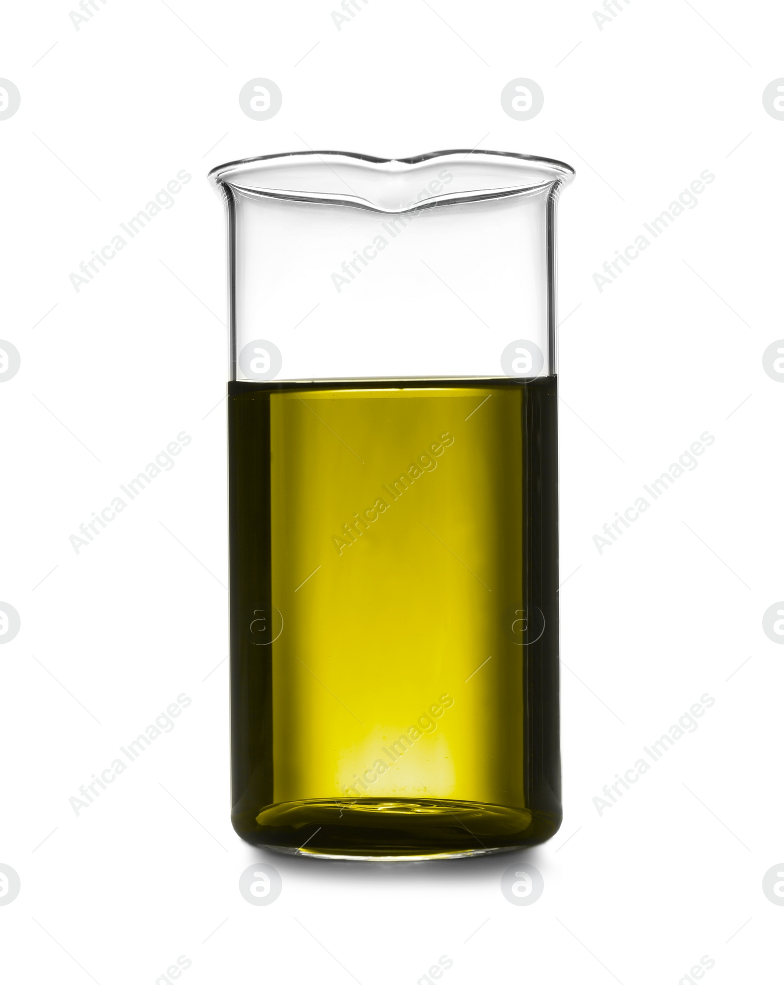 Image of Beaker with yellow liquid isolated on white. Laboratory glassware