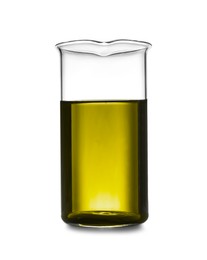 Beaker with yellow liquid isolated on white. Laboratory glassware