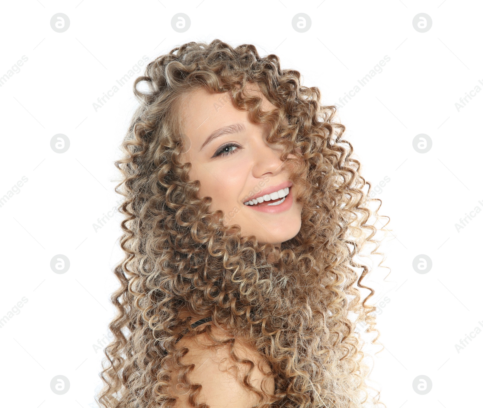 Photo of Portrait of beautiful young woman with shiny wavy hair on white background