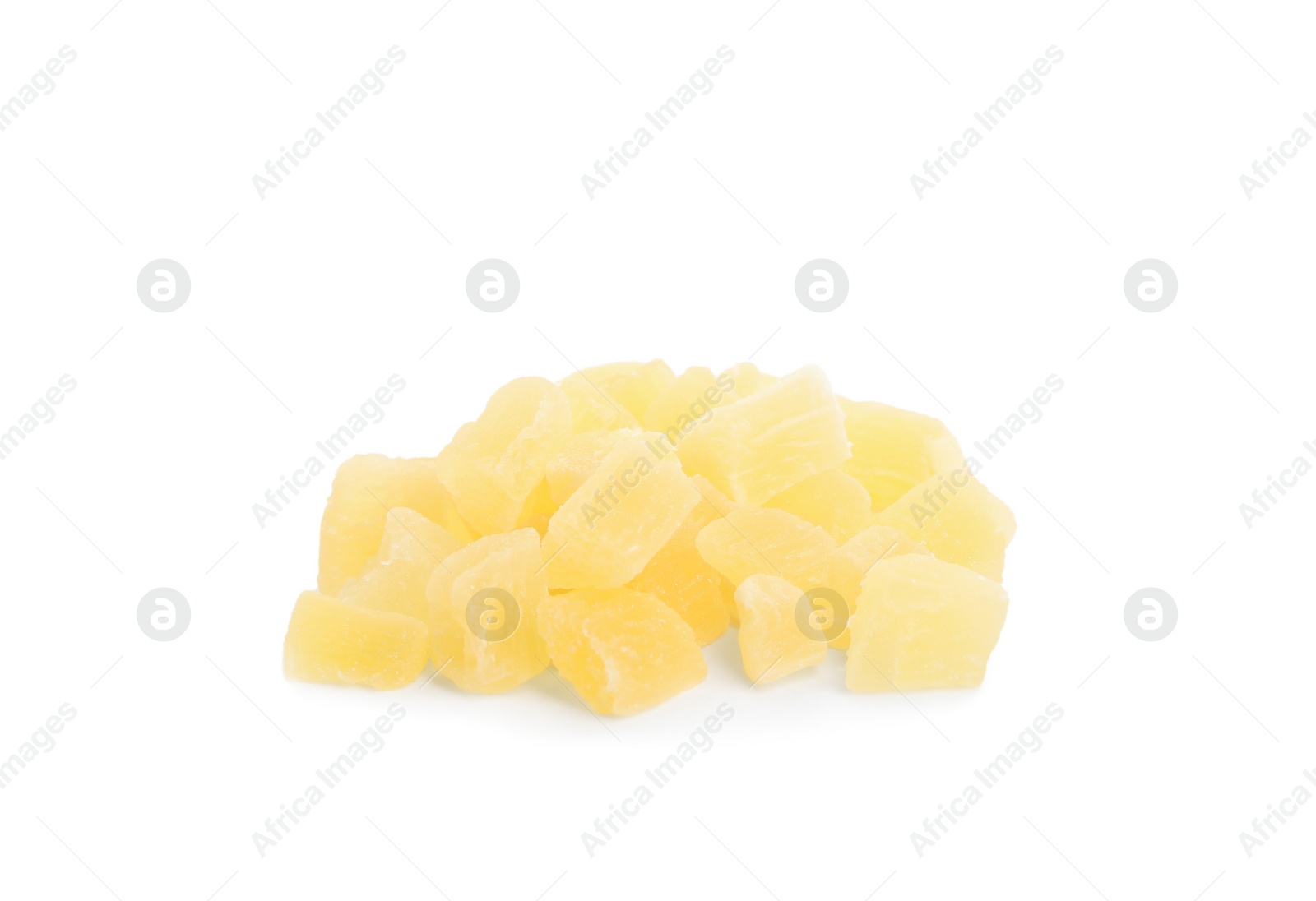 Photo of Delicious yellow candied fruit pieces on white background