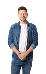 Portrait of handsome man posing on white background