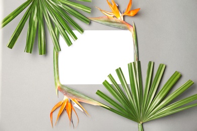 Photo of Creative flat lay composition with tropical leaves and strelitzia flowers on gray background