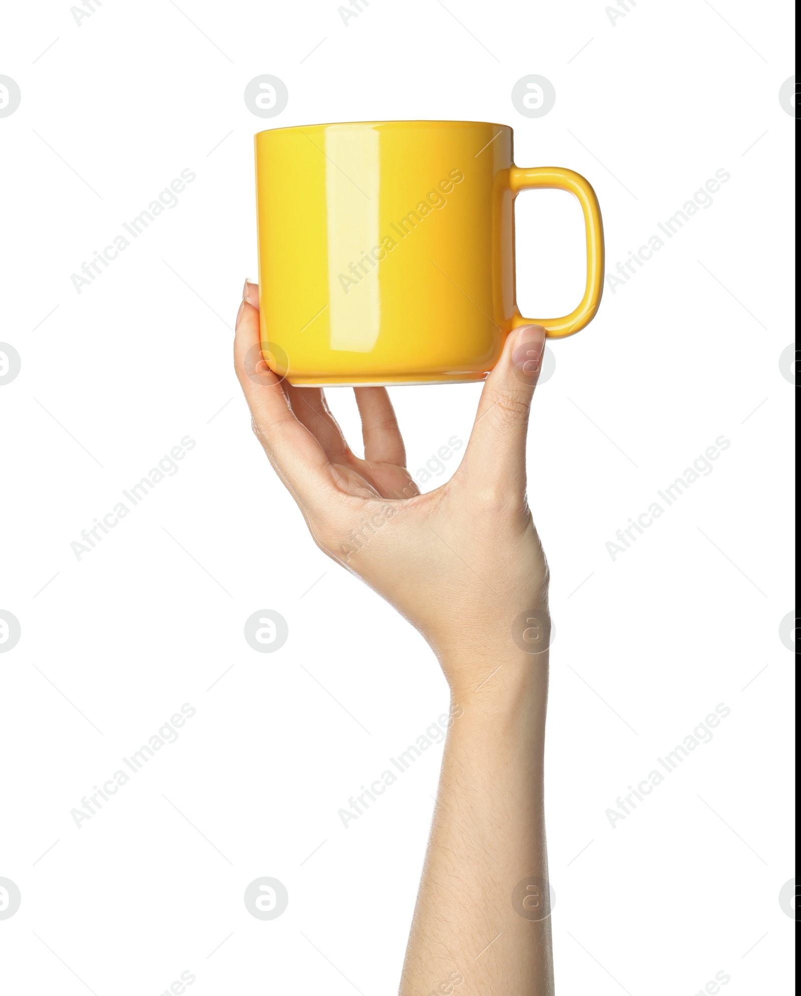 Photo of Woman holding yellow cup on white background, closeup