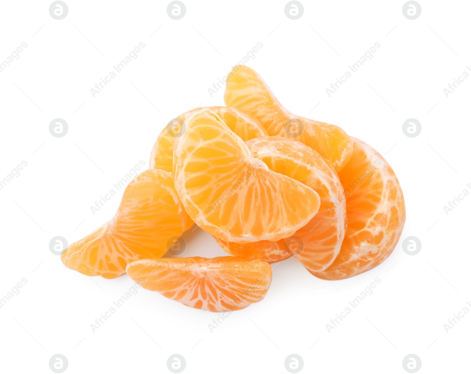 Photo of Pieces of fresh juicy tangerine on white background, top view