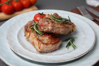 Delicious fried meat with rosemary and tomato on plate, closeup