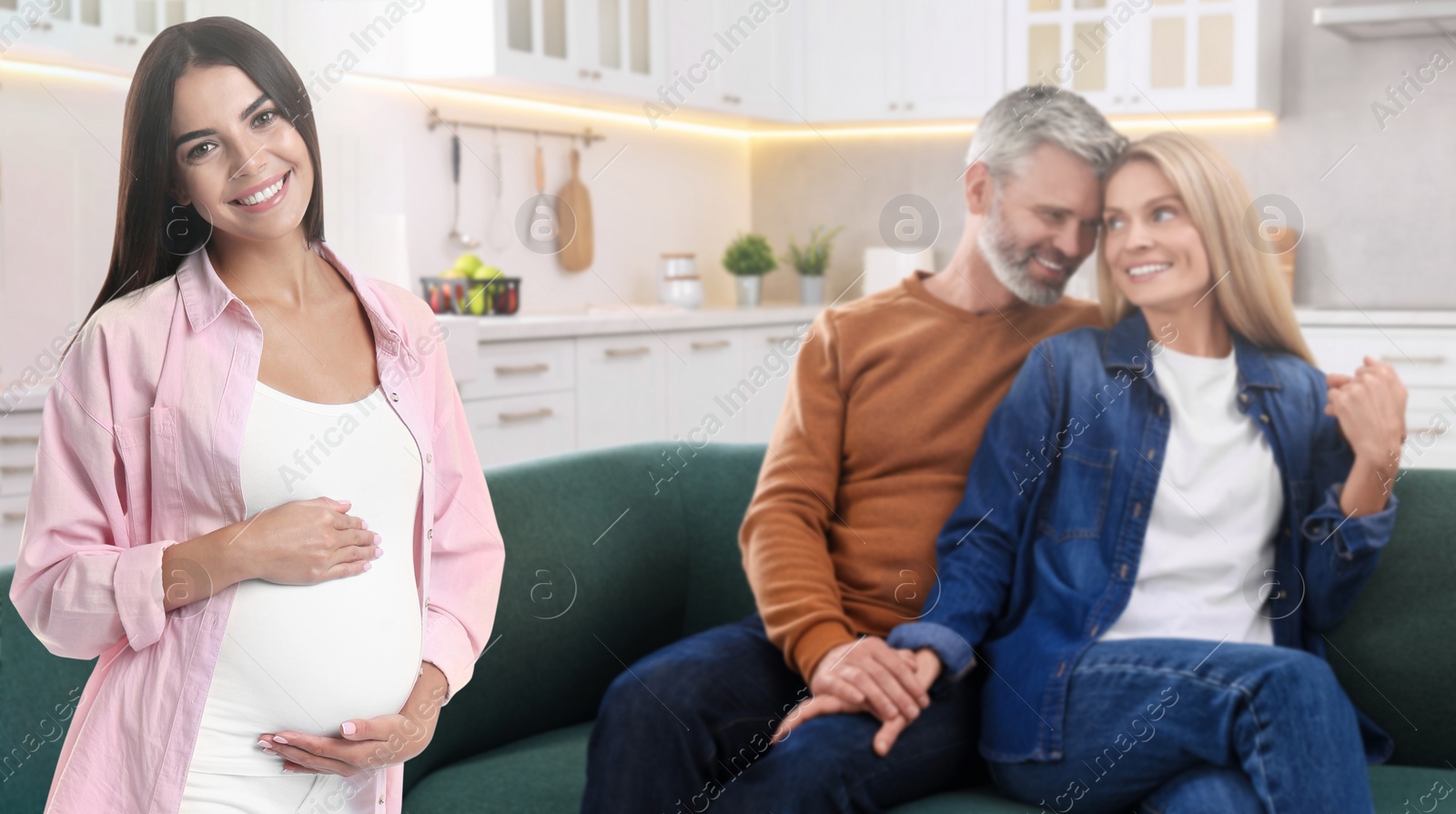 Image of Surrogate mother and intended parents indoors. Banner design