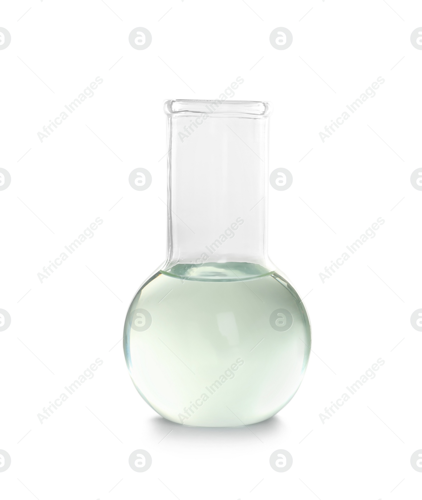 Photo of Laboratory flask with liquid on white background. Chemical analysis